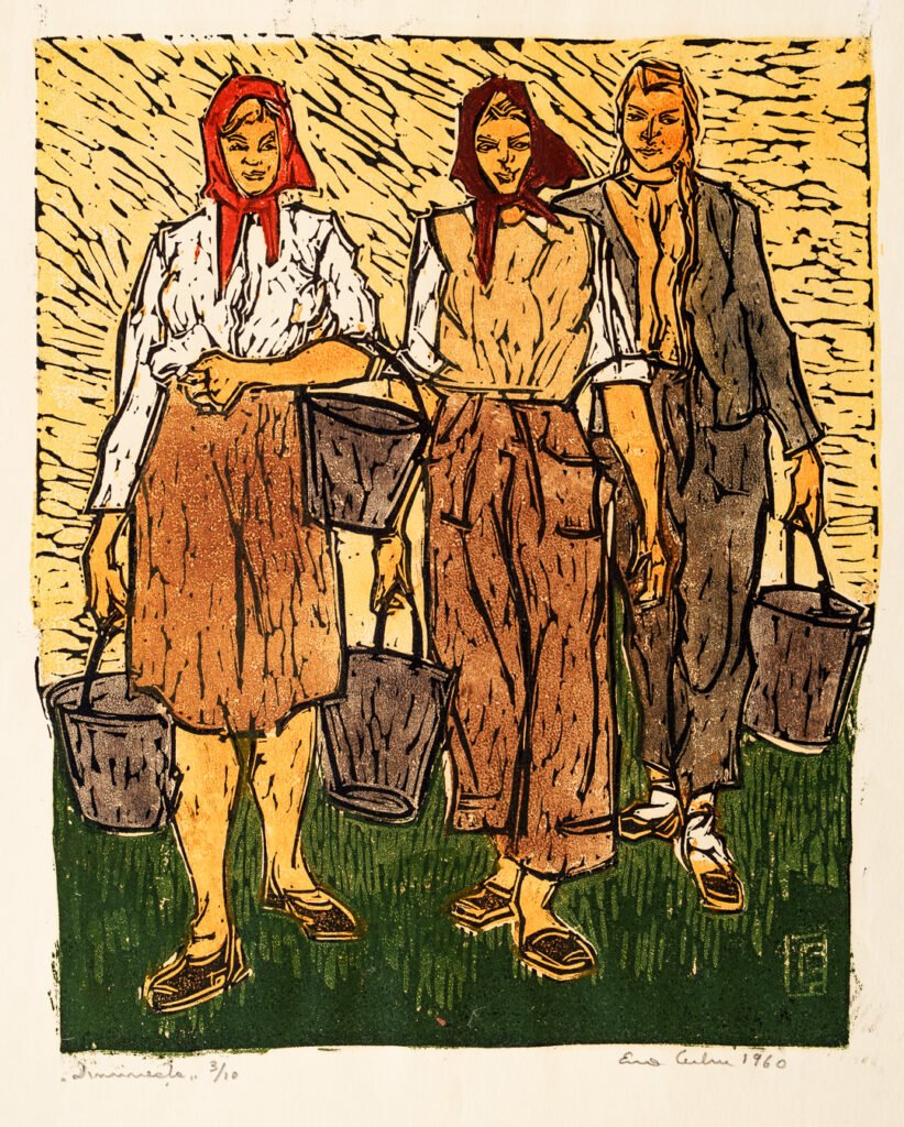 Eva Cerbu Siegler – Dimineața, linogravură colorată, 1960